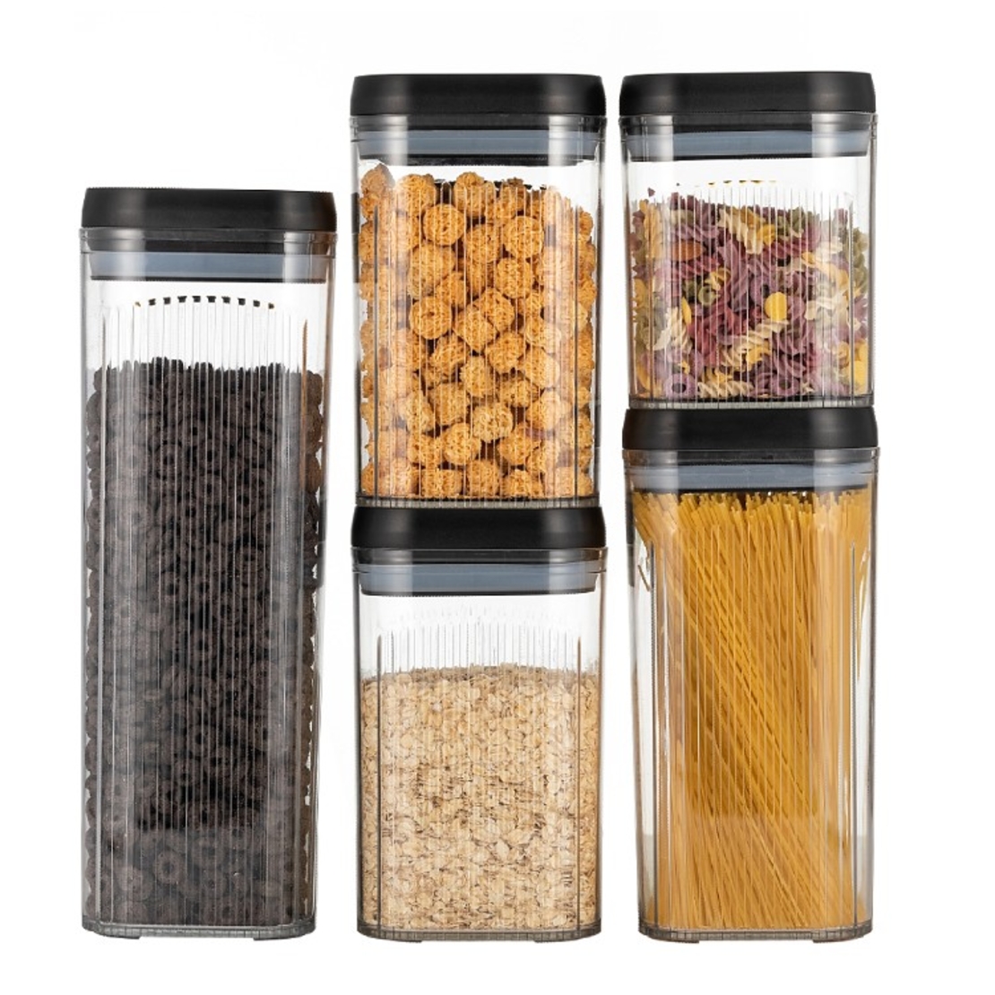 Cutii de Depozitare Alimente, Flippy, Set din 5 Cutii de tip Container, Recipiente pentru Cereale in Bucatarie,  Transparente cu Capac Negru