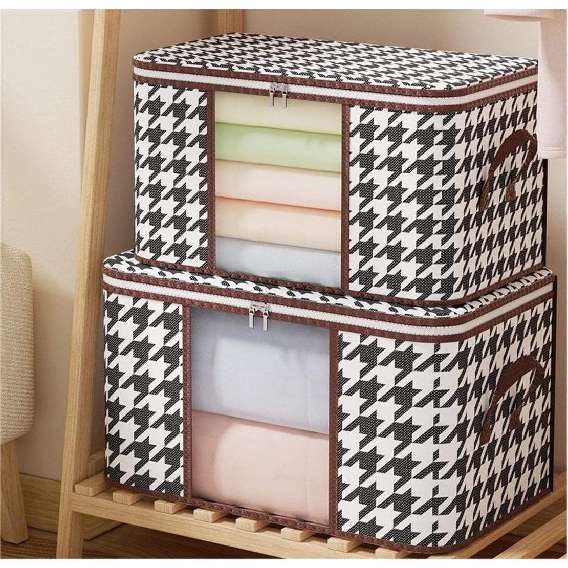 Cutie de Depozitare Pliabila, Flippy, 60x40x30 cm, 75 L, Fereastra Frontala, cu Fermoar Bidirectional, Suport Baza Stabil, Imprimeu in Carouri, Alb/Negru