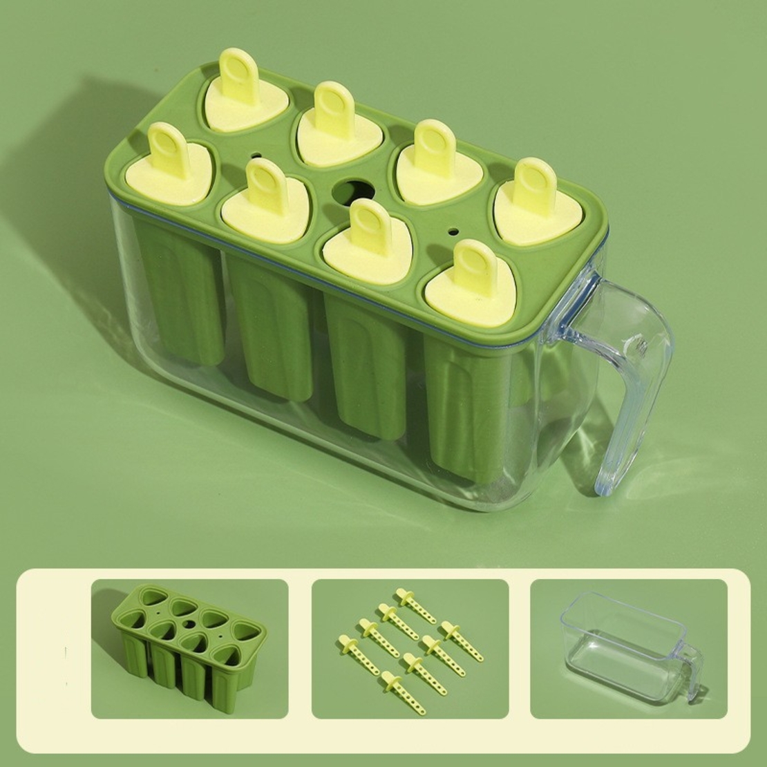 Forme de inghetata, Flippy, 8 Forme din Silicon, Forma pentru Inghetata din si Sucuri Ghetate, 13 x 10 x 6.5 cm, Verde