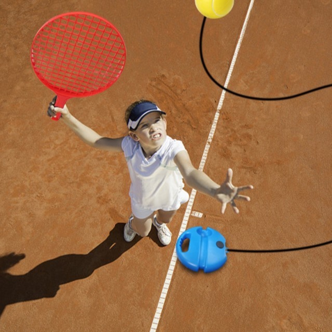 Set Badminton pentru Copii, Flippy, Doua Palete, Fluturas, 2 Mingi, Minge cu Elastic pentru Antrenament, Suport de Prindere Stabil, 40.5x23 cm, Rosu Galben
