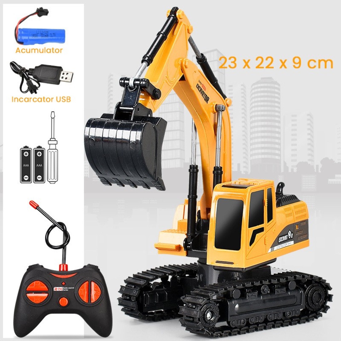 Excavator Jucarie pentru Copii, Flippy, Jucarie Excavator cu Telecomanda, Jucarie de Constructie, Acumulator cu Incarcare USB, 23 x 22 x 9 cm, Portocaliu