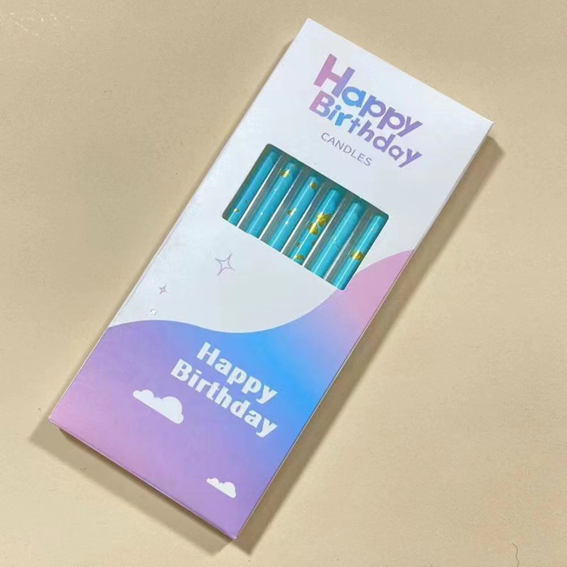 Set 6 Lumanari Lungi, Flippy, din Parafina, 10 x 0.5 cm, Happy Birthday, Albastru