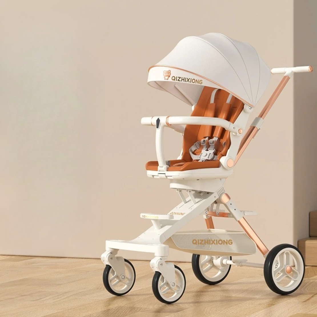 Carucior Sport Flippy 3in1, 6-36 Luni, Pliabil, Tavita pentru Masa, Pat de Dormit, Centura de Siguranta, Roti 360 Grade, Reversibil, Parasolar, Maner Reglabil, 64 x 35 x 100 cm, Alb