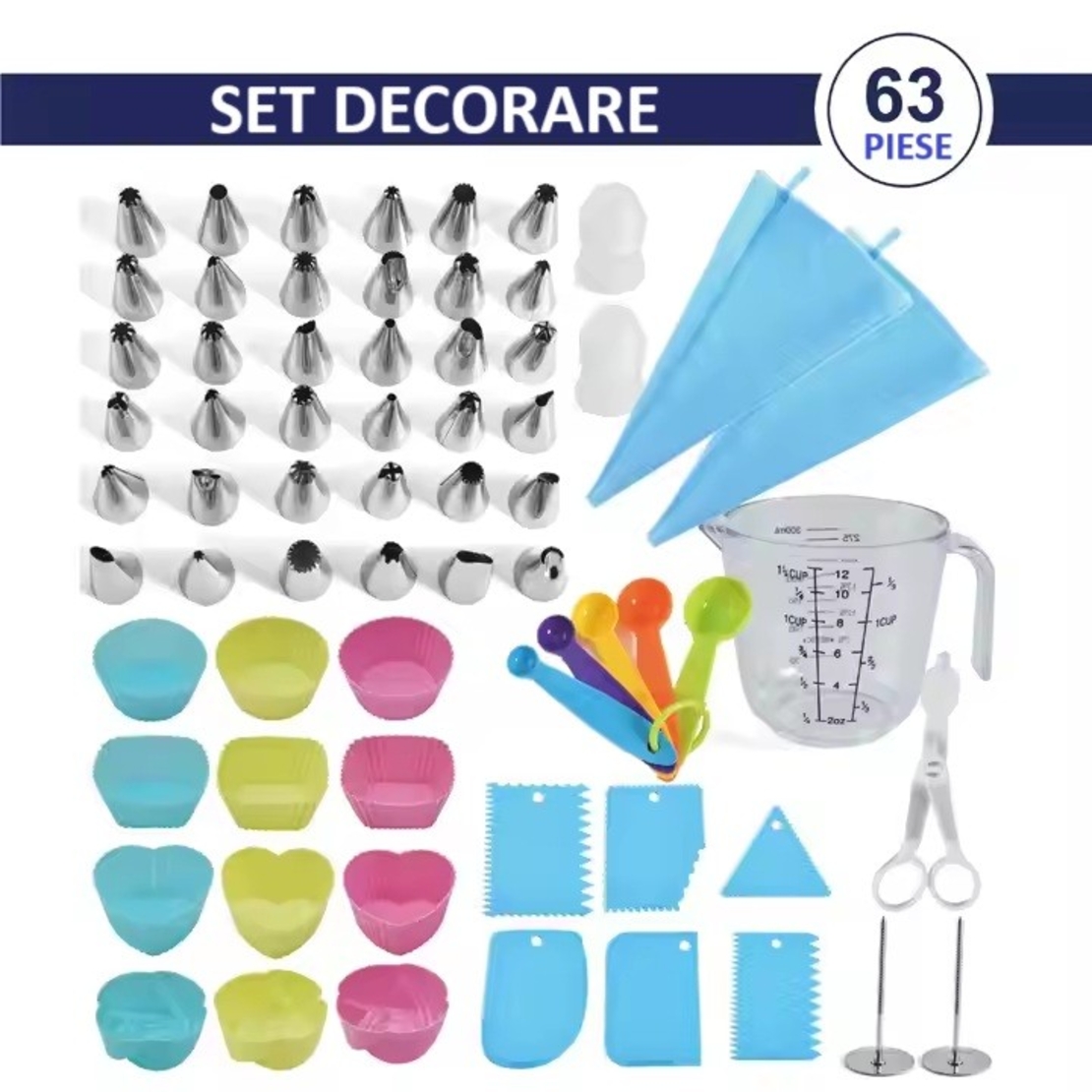 Set 63 Piese Ustensile pentru Ornare Prajituri, Flippy, din Plastic si Otel Inoxidabil, Forme Briose, Multicolor