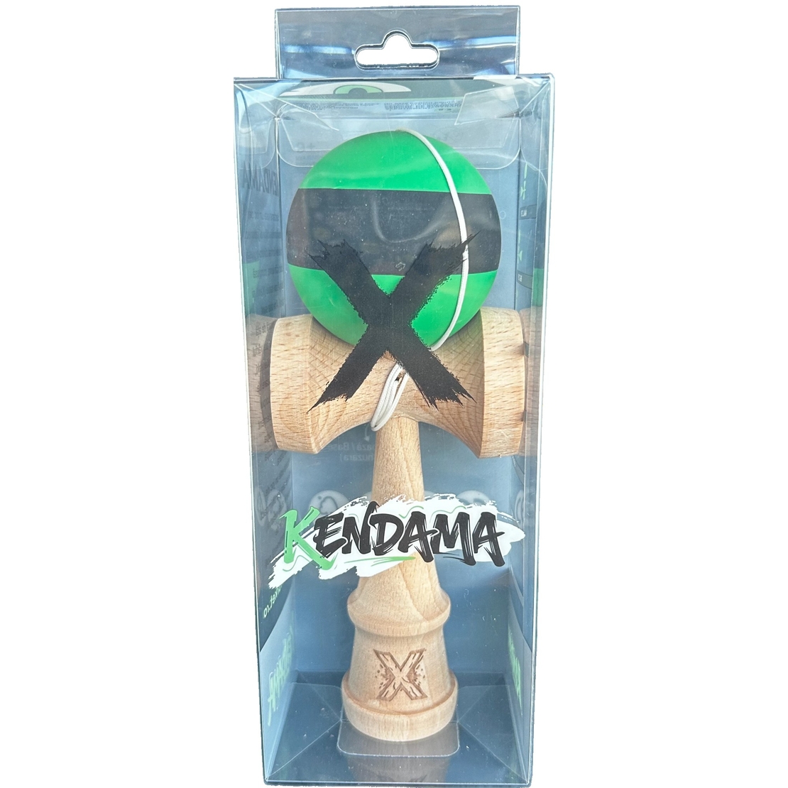 Kendama X Originala, Flippy, 18 cm, Profesionala, +9 Ani, din Lemn, Model cu Dunga, Negru/Verde