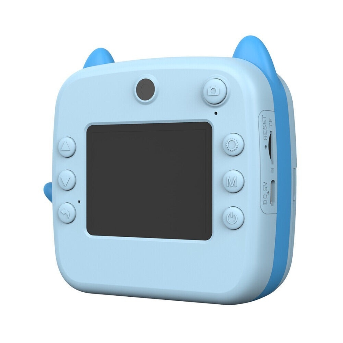 Camera Instantanee pentru Copii, Flippy, cu Functie de Printare, Camera Frontala + Selfie, Cablu USB-C, Bluetooth, Compatibil iOS/Android, Imprimare APP, Model Pisica, Albastru