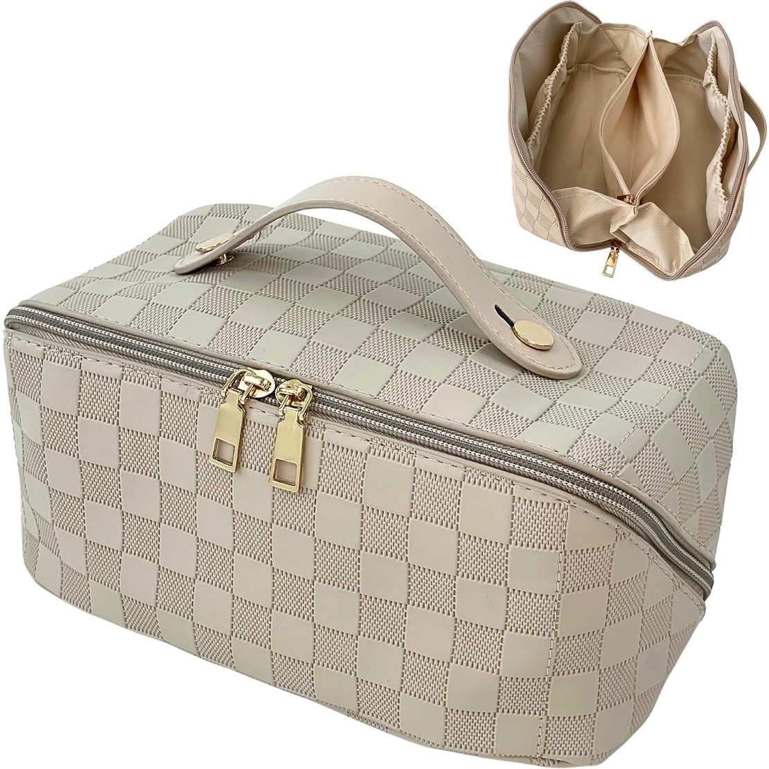 Geanta de Calatorie Flippy, Pentru Cosmetice, Portabila, Impermeabila, din Piele Ecologica, Compartimente Multiple, cu Fermoar, 22 x 13 x 12.5 cm, In Carouri, Alb