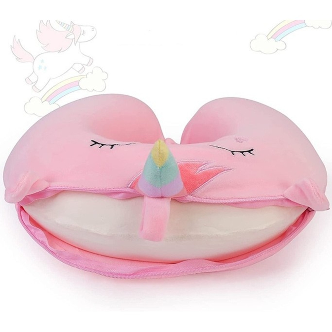 Perna de Calatorie in Forma de U, Flippy, Pentru Gat si Cap, Umplutura din Spuma cu Memorie, 30x30 cm, Model Unicorn, Accesoriu de Voiaj, Birou, Masina, Sistem Prindere Capse, Roz