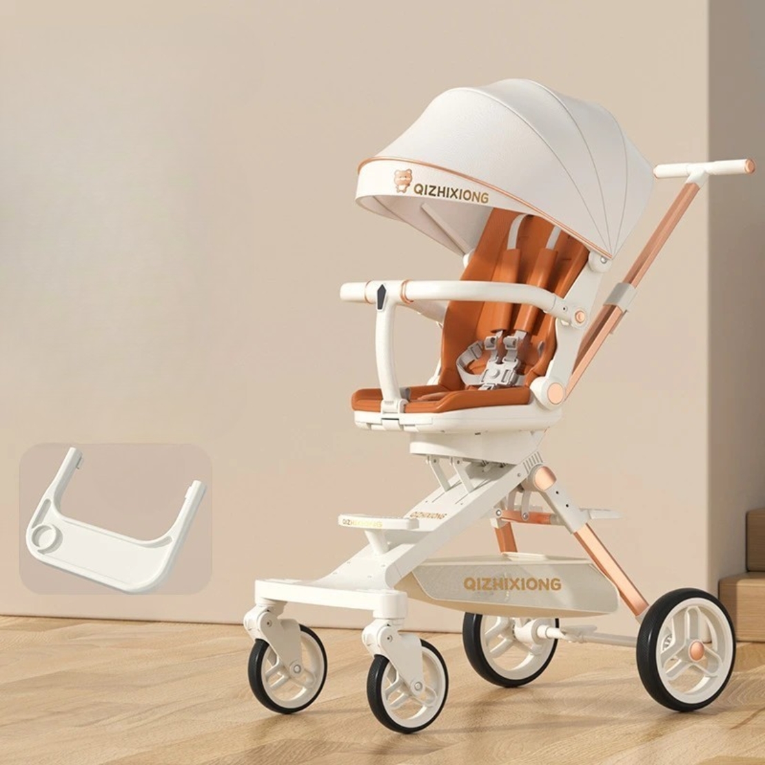 Carucior Sport Flippy 3in1, 6-36 Luni, Pliabil, Tavita pentru Masa, Pat de Dormit, Centura de Siguranta, Roti 360 Grade, Reversibil, Parasolar, Maner Reglabil, 64 x 35 x 100 cm, Alb