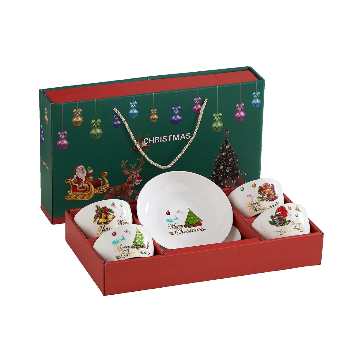 Set Vesela Festiva, Flippy, Tema Craciun, 4 x Boluri 300 ml, 2 x Farfurii 18 x 3.4 cm, din Ceramica, Model 1, Multicolor