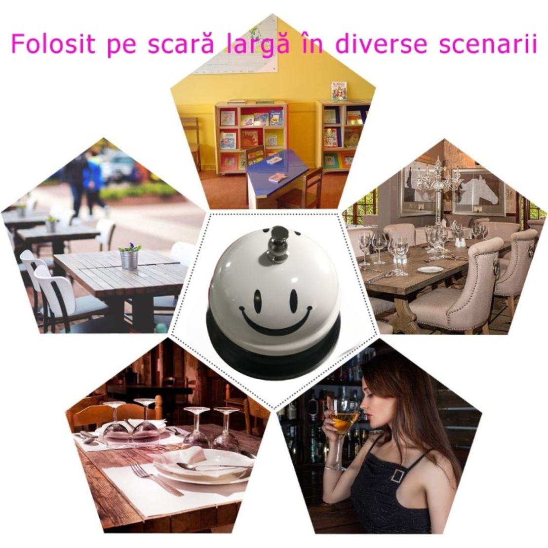 Clopotel Metalic Multifunctional, Flippy, Alb cu Imprimeu Smiley Face, 7.5x7.5x6.5 cm, Receptie, Restaurant, Cafenele