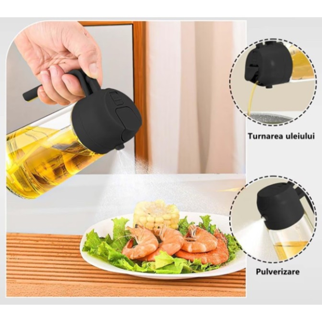 Recipient Ulei, Flippy, 2in1, Functie Spray/Turnare, din Sticla, 470 ml, Fara Scurgere, Negru