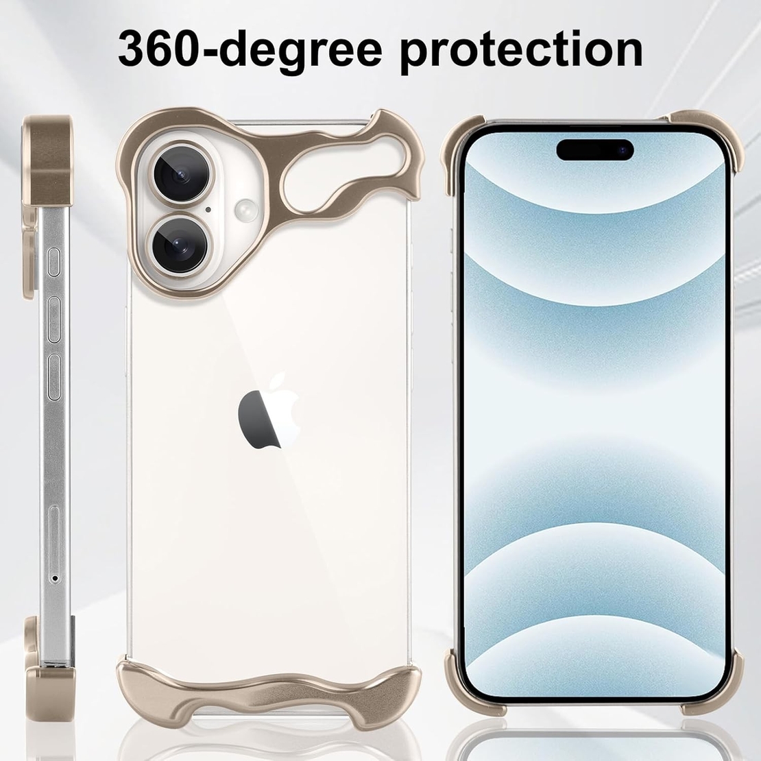 Husa Metalica Compatibila cu iPhone 16 Plus, Flippy, Protectie pentru Colturile Telefonului si Camera, Aliaj, Antisoc, Antizgariere, Auriu