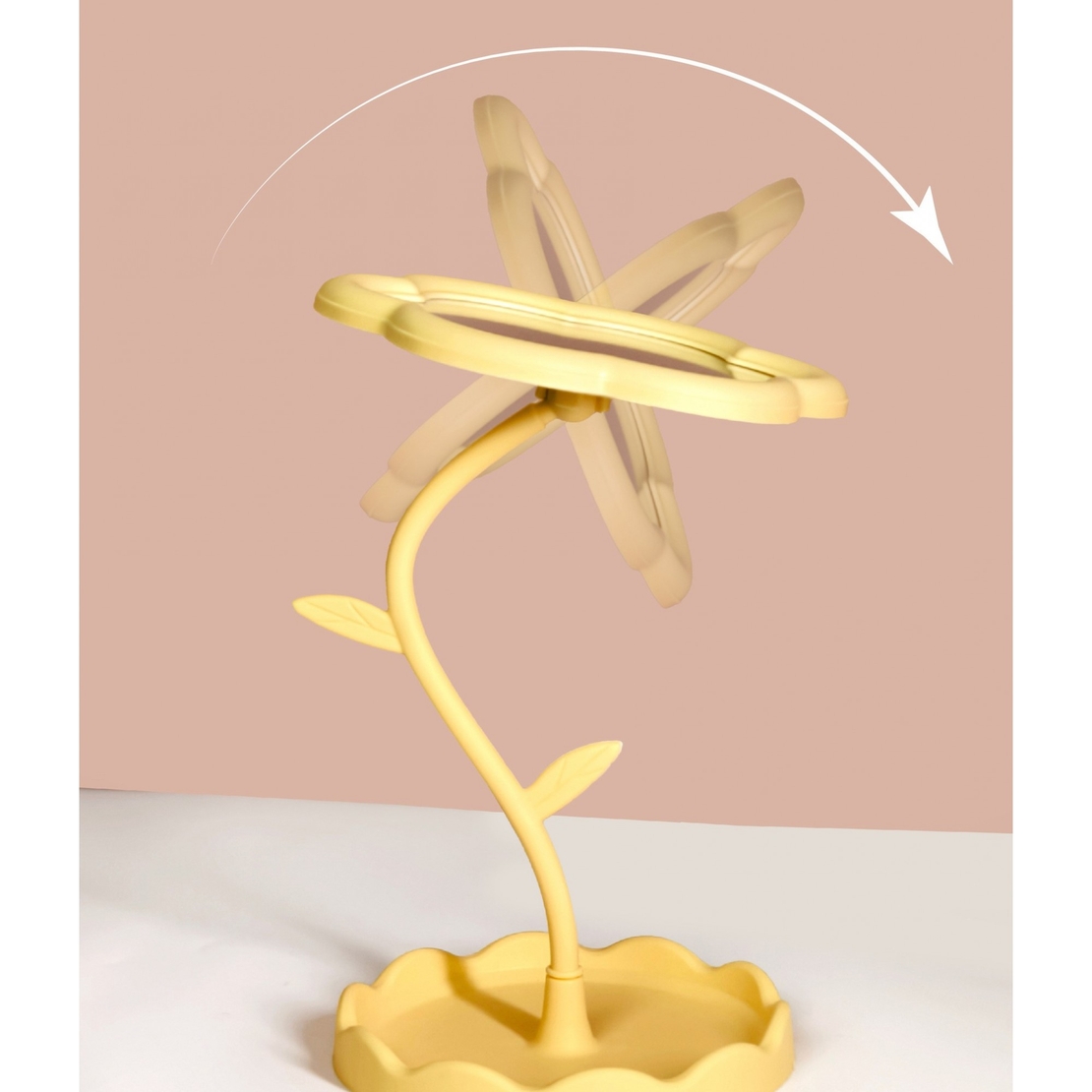 Oglindă de Machiaj pentru Birou, Flippy, Rotativă, Detasabilă, Model de Floarea Soarelui, Suport pentru Inele, cu Depozitare, Galbena