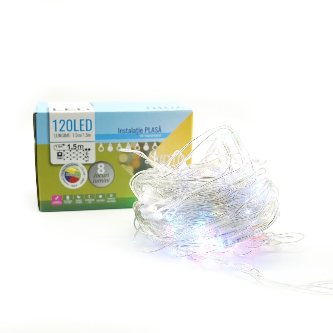 Instalatie Craciun Yoto, Tip Plasa, 1.5 m x 1.5 m, 120 LED-uri, Prelungitor 1.5 m, 8 Jocuri de Lumini, Interconectabila, Fir transparent, Interior/Exterior, Multicolor