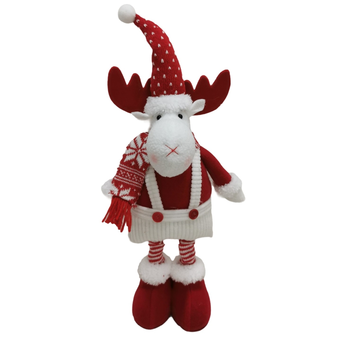 Figurina Decorativa, Pentru Craciun, Flippy, Ren, Picioare Telescopice, Inaltime Reglabila 44-54cm, Caciula cu Inimioare, Alb/Rosu