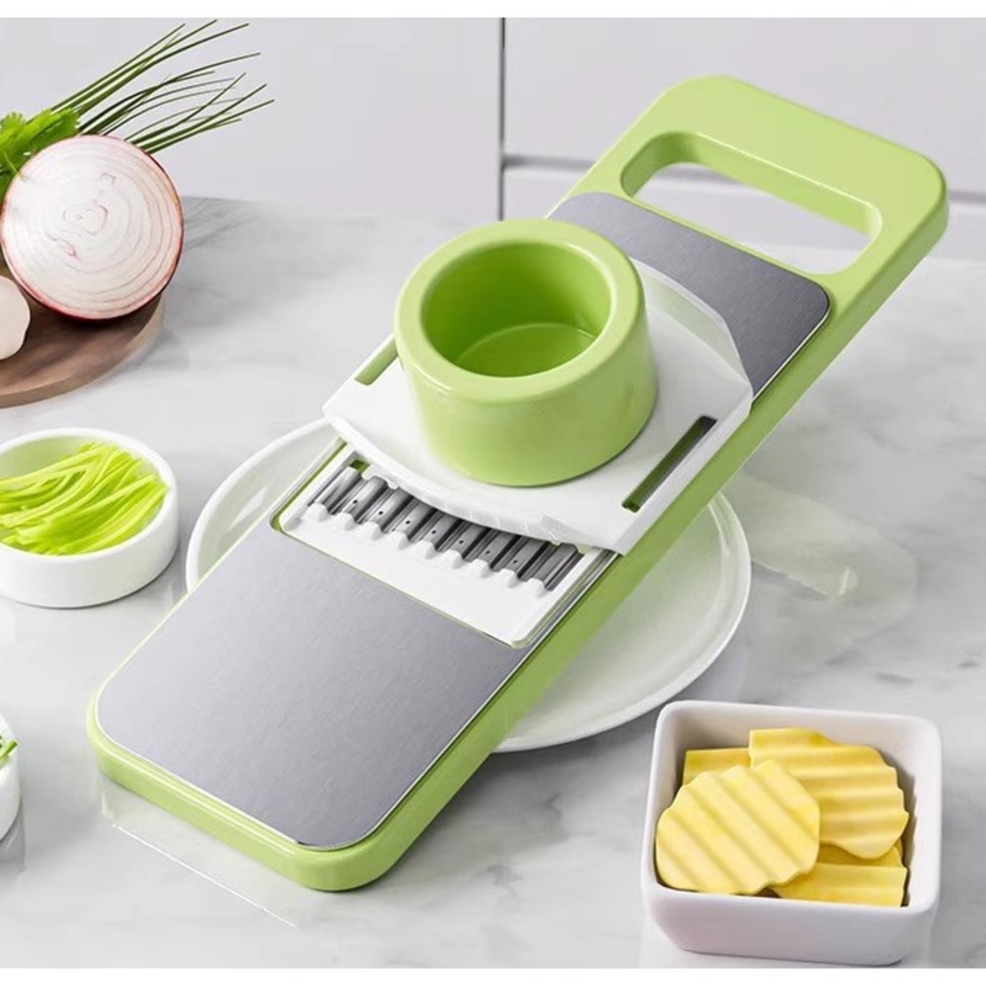 Set Multifunctional din 7 Piese, Flippy, pentru Taierea si Maruntirea Legumelor, Uz Casnic,din Otel Inoxidabil, Gri-Verde