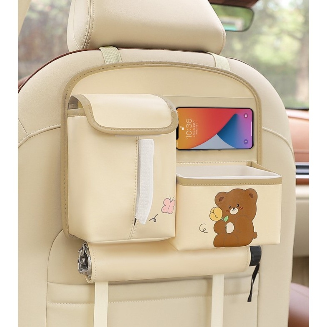 Geanta Multifunctionala de Depozitare, Flippy, pentru Bancheta din Spate a Masinii, Animat, Model Ursuleti, Scris Good Day, Suport Servetele si Telefon, 25x31 cm, Bej