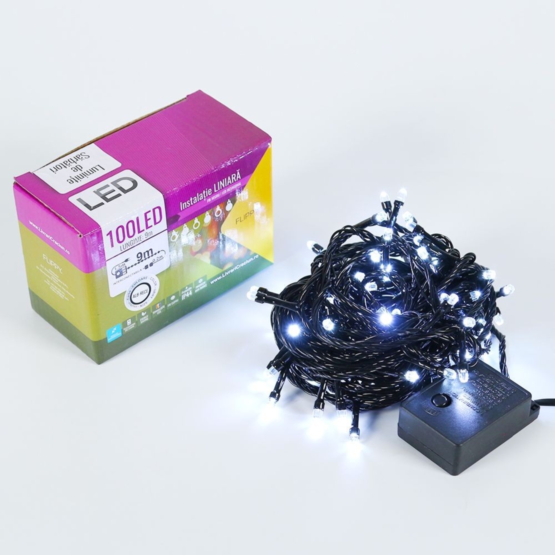 Instalatie de Craciun Flippy® Tip Liniara, Fir Negru, 9 m, 100 LED-uri Hexagonale, Interconectabila, Alb Rece