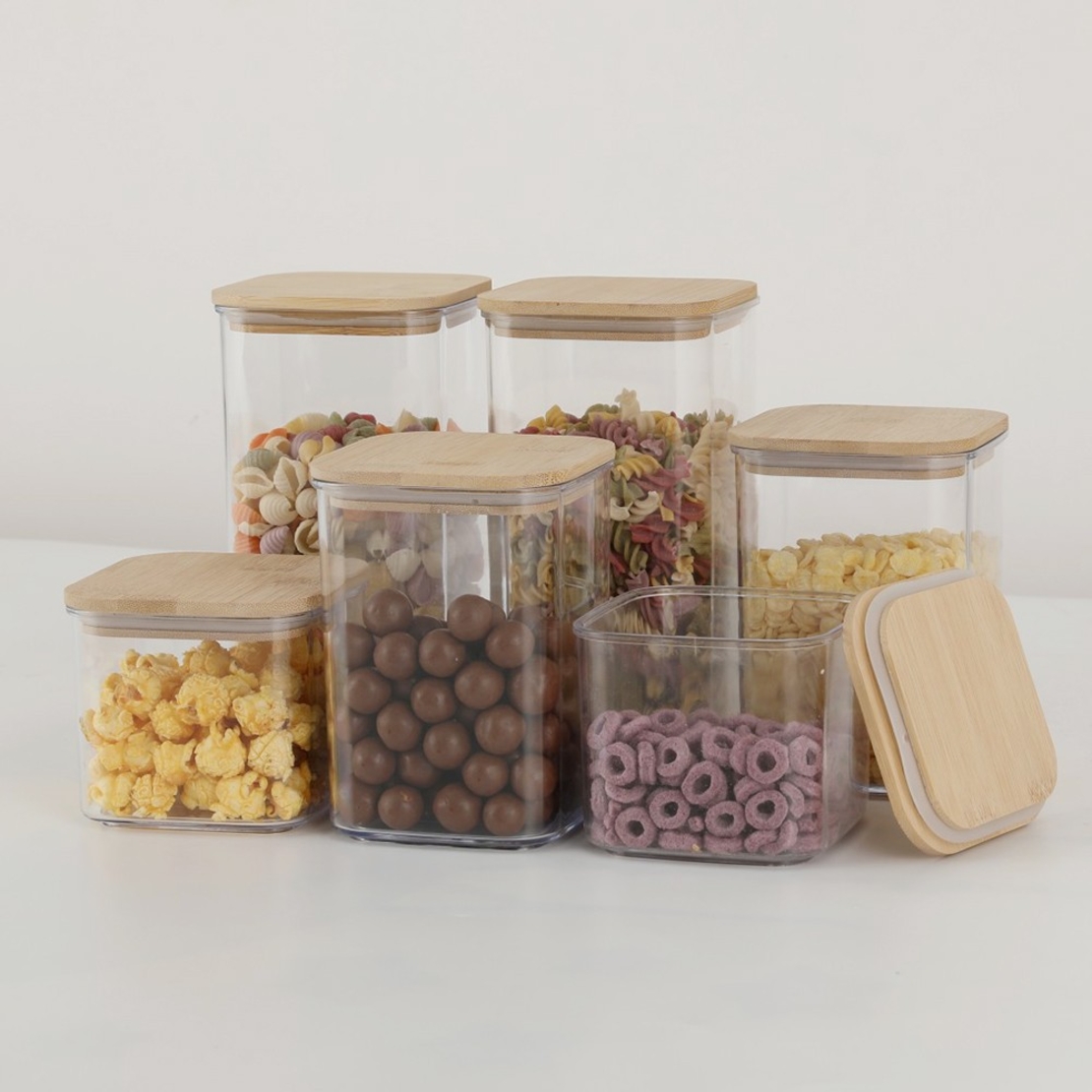 Cutii de Depozitare Alimente, Flippy, Set din 6 Cutii de tip Container, Cutii pentru Cereale, din Plastic, Capac din Bambuc, 2pc 0.5 l. 2pc 0.8 l, 2pc 1.2 l, Transparente