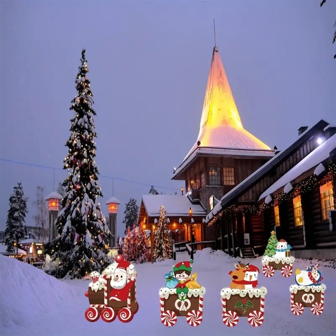 Decoratiune de Craciun, Flippy, pentru Gradina, Tip Trenulet, 5 Figurine + Bete de Infipt in Pamant, din Plastic, Impermeabil, Model Mos Craciun cu Prietenii, Multicolor