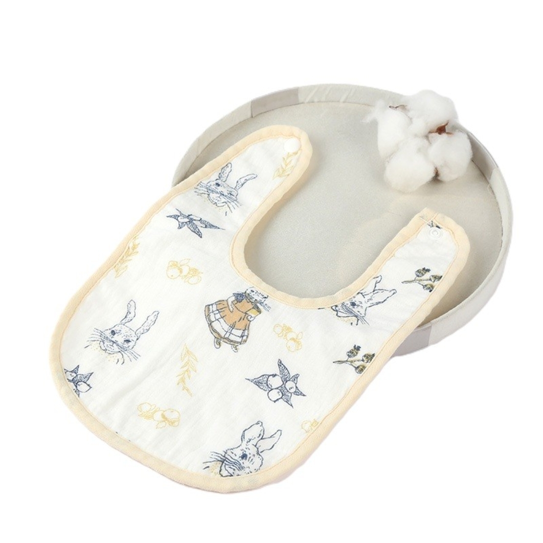 Baveta in Forma de U, Flippy, din Bumbac, pentru Copii 0-12 Luni, Rezistenta la Apa, cu Capse, Model cu Iepurasi, 21x30 cm, Bej