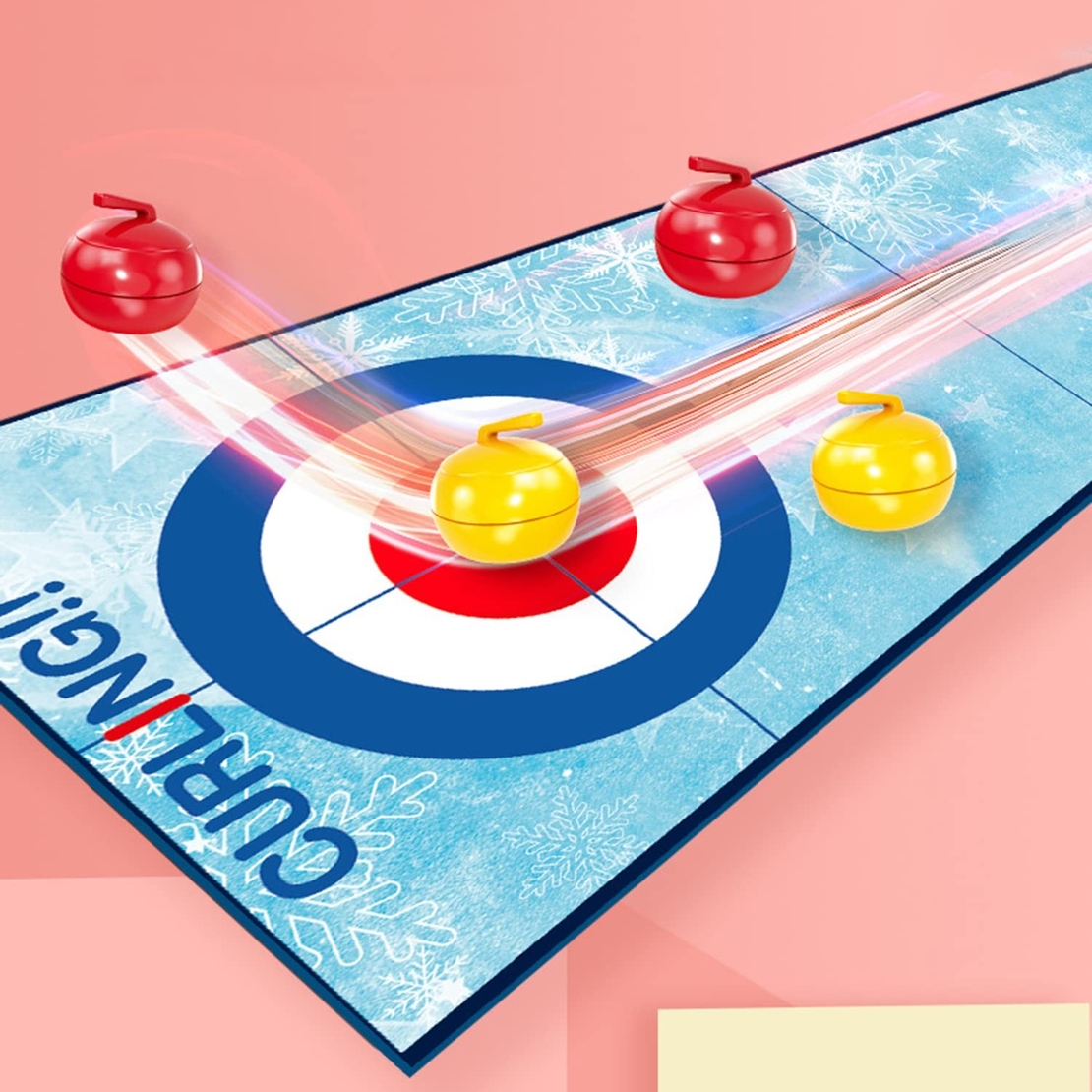 Joc Interactiv, Flippy, Covor de Curling 90 x 20 cm, 1-4 Jucatori, +5 Ani, 6 Mingi Incluse, Albastru