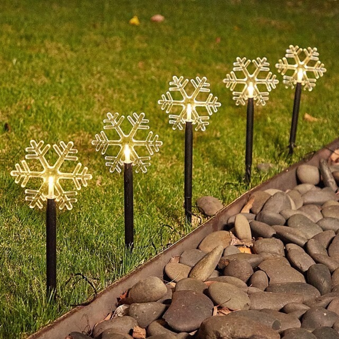 Set 5 Lampi LED cu baterii, de exterior Model Fulg de nea, pentru gradina, Flippy, 35.5 cm, Alb Cald
