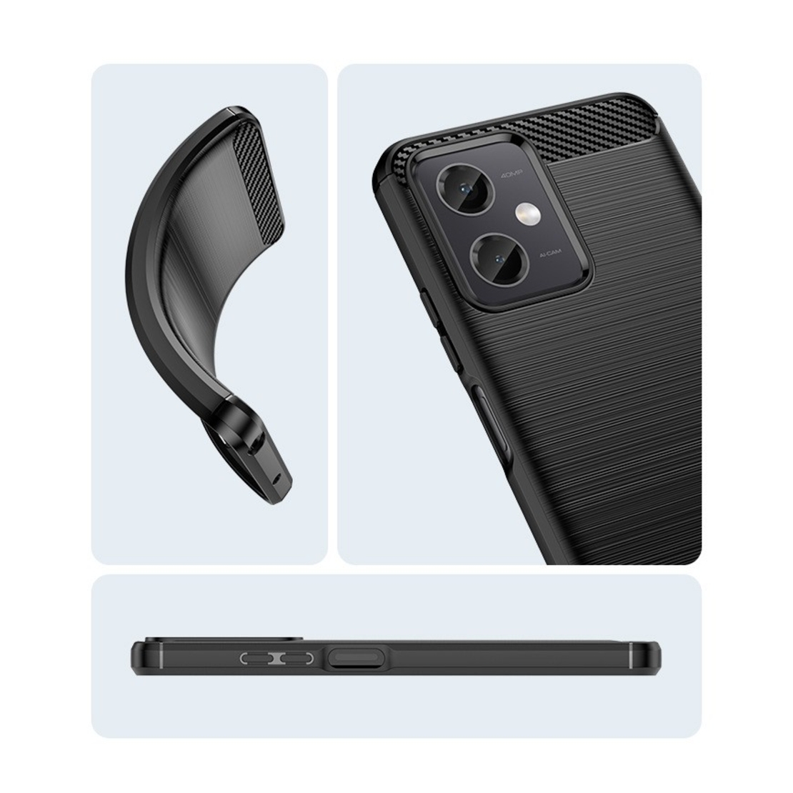 Husa Protectie pentru Xiaomi Redmi Note 12 5G, Flippy, din Silicon TPU Moale, Textura Periat, Anti Cadere, cu Element Carbon, Negru