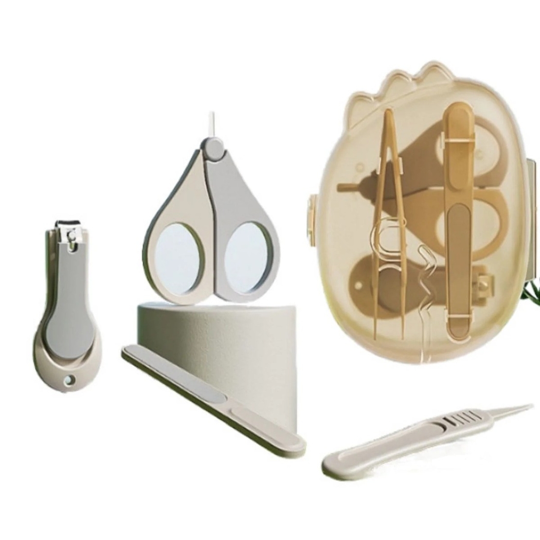 Set 4in1 de Ingrijire Unghii pentru Bebelusi, Flippy, Cutie de Depozitare Dinozaur Transparent, 0-6 Ani, 11.5 x 9 x 3 cm, Bej