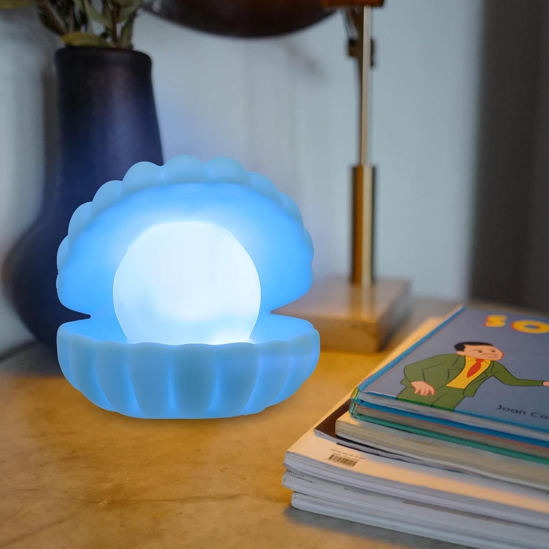 Lampa de Veghe, Flippy, Model Scoica cu Perla, Lumina Calda, 10 x 8.5 cm, Led, Baterii Incluse 3 x LR44, Albastru