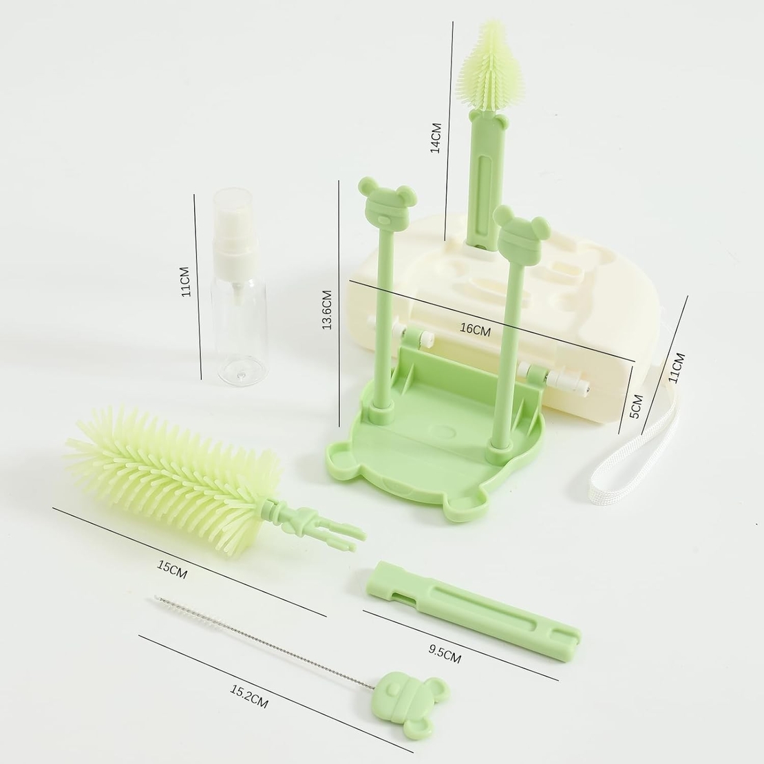 Set 7 Piese de Spalat/Uscat Biberoane, Flippy, Portabil, Peri de Silicon, pentru Tetine, Suzete, Biberoane, Paie, Cutie Inclusa, 16 x 11 x 5 cm, Model Ursulet, Verde