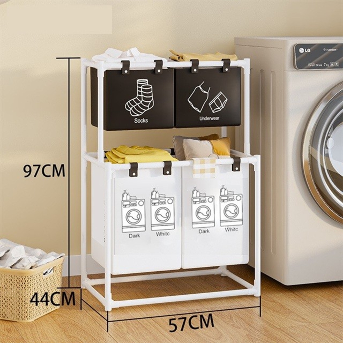 Cos de Rufe, Flippy, cu 2 Etaje, 4 Cosuri, Cadru de Otel Inoxidabil, 97x44x57 cm, Alb