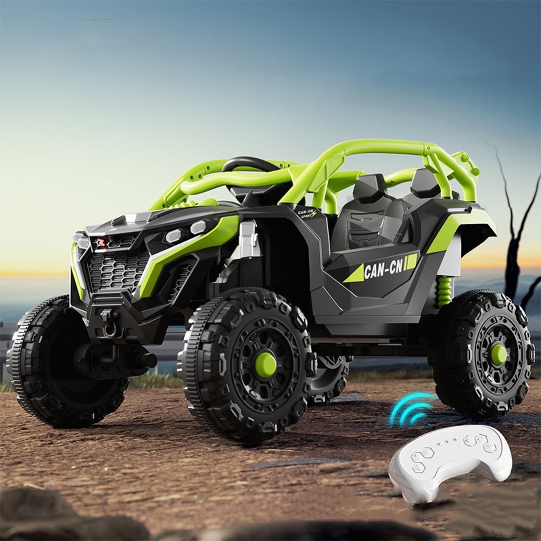 Masina Electrica pentru Copii, Flippy, Tip Buggy/UTV Off-Road Dual Drive, Conectare Bluetooth, Telecomanda, Lumina Intermitenta si Muzica, Baterie 380*2, 6V 7Ah, 97 x 62 x 58 cm, Verde Negru