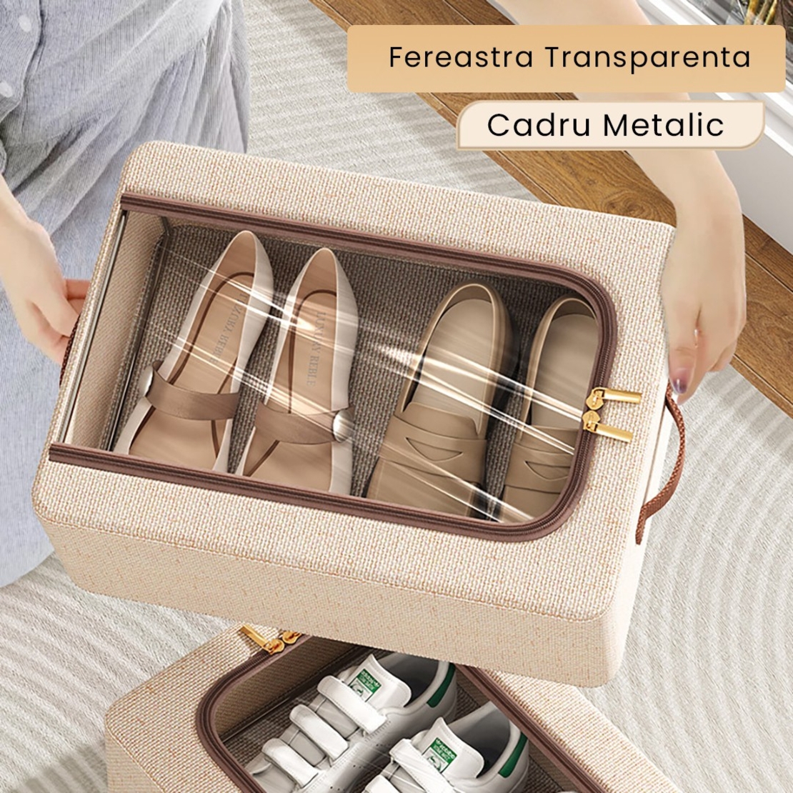 Cutie Depozitare cu Cadru Metalic, Flippy, pentru Incaltaminte, Haine, Lingerie, Fermoar Calitativ, Fereastra Transparenta, Manere Laterale, 40 x 30 x 15 cm Bej