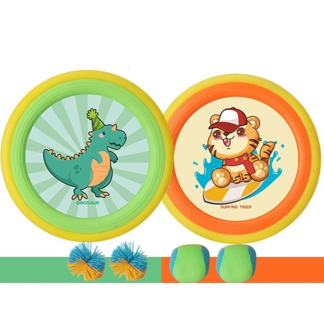 Set Interactiv Frisbee, Fippy, pentru Copii, 2 Palete Elastice, Diametru 30 cm, 4 Mingi, + 3 Ani, Design Animat, Multicolor
