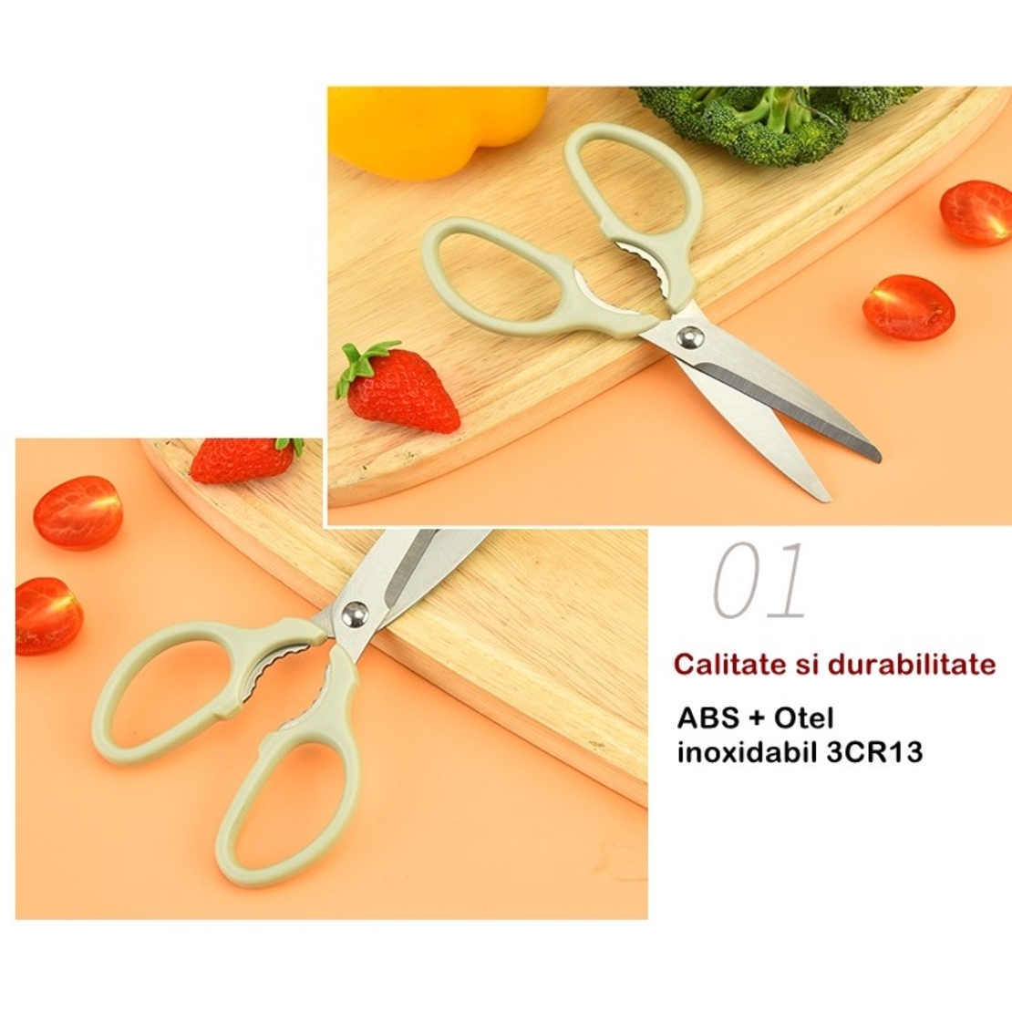 Set foarfeca pentru bucatarie Flippy, curatator legume tip suport, multifunctional, spargator nuci, material ABS si otel inoxidabil, maner ergonomic, 16.8 x 7.8 x 1 cm, verde