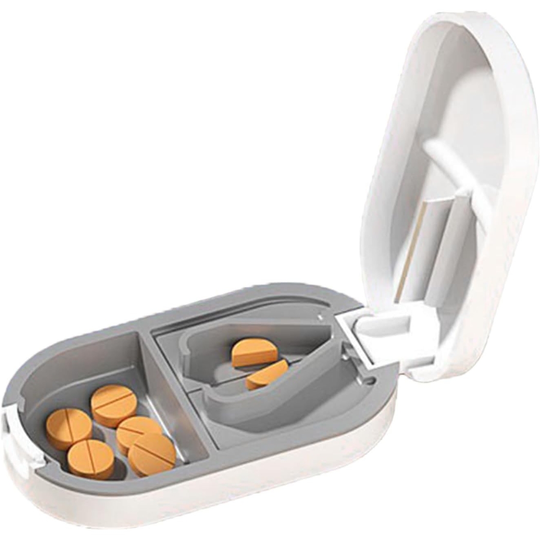 Organizator medicamente, Flippy, Dispozitiv Taiere/Sfaramare Pastile, Ideala pentru Calatorii, Portabila, Perie pentru Curatare, Compartiment depozitare, 8.5x4.5x2.5 cm, Alb