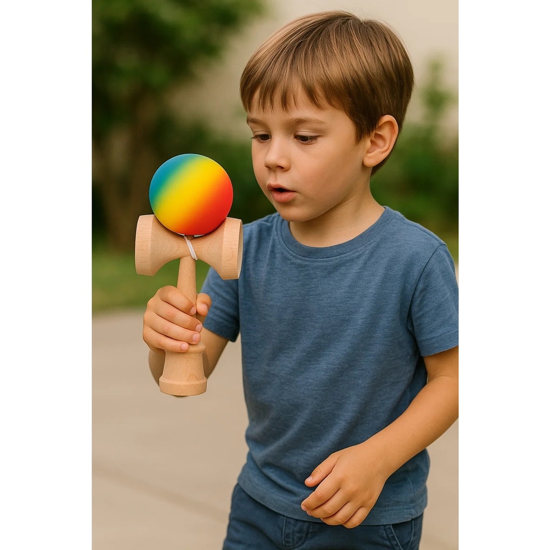 Jucarie Interactiva Kendama, Flippy, din Lemn, 18 cm, Joc de Indemanare pentru Copii si Adulti, Model Gradient 3, Rosu/Galben/Albastru