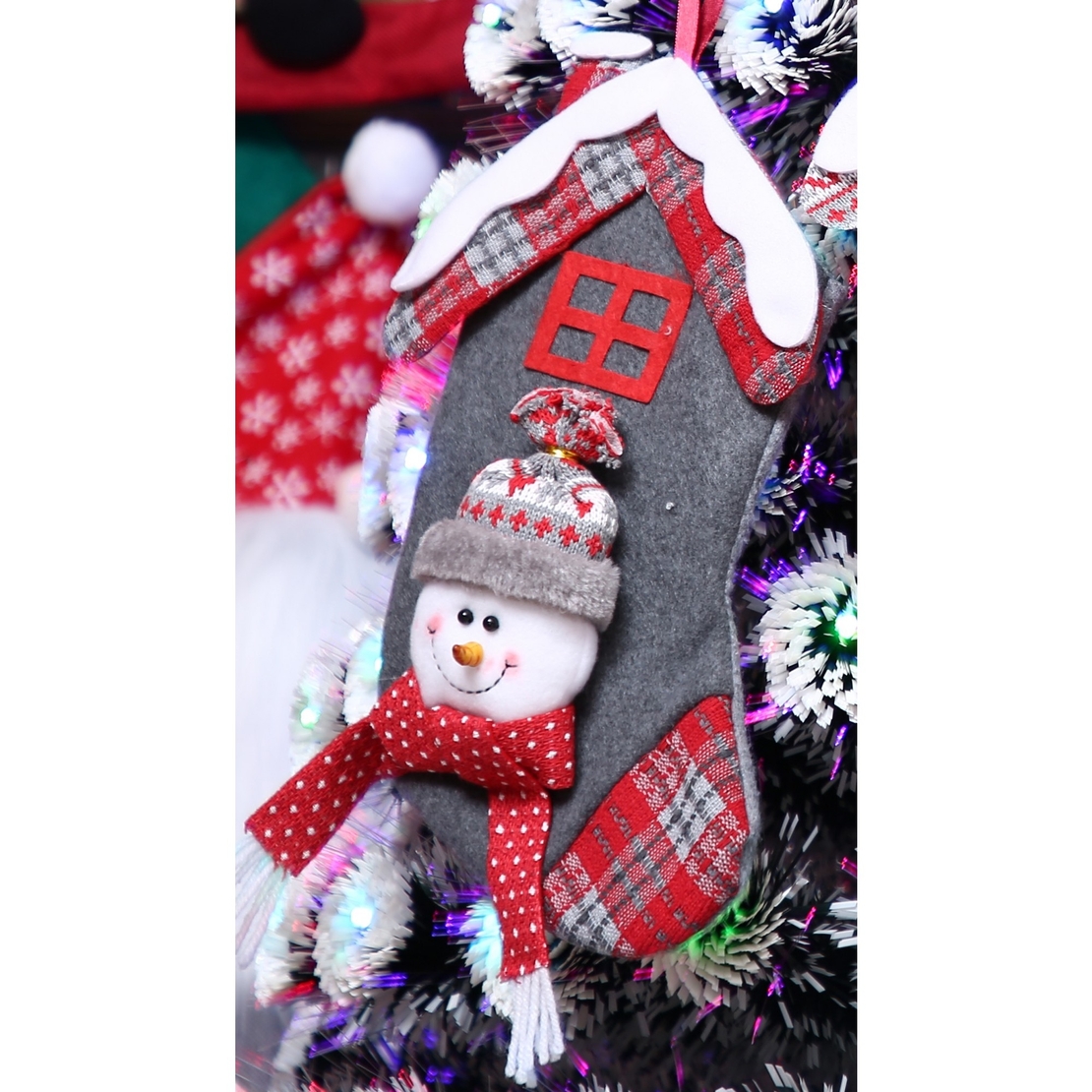 Ciorap Cadouri, model casa, culoare gri, imprimeu om de zapada, marimea 15x30 cm, Flippy