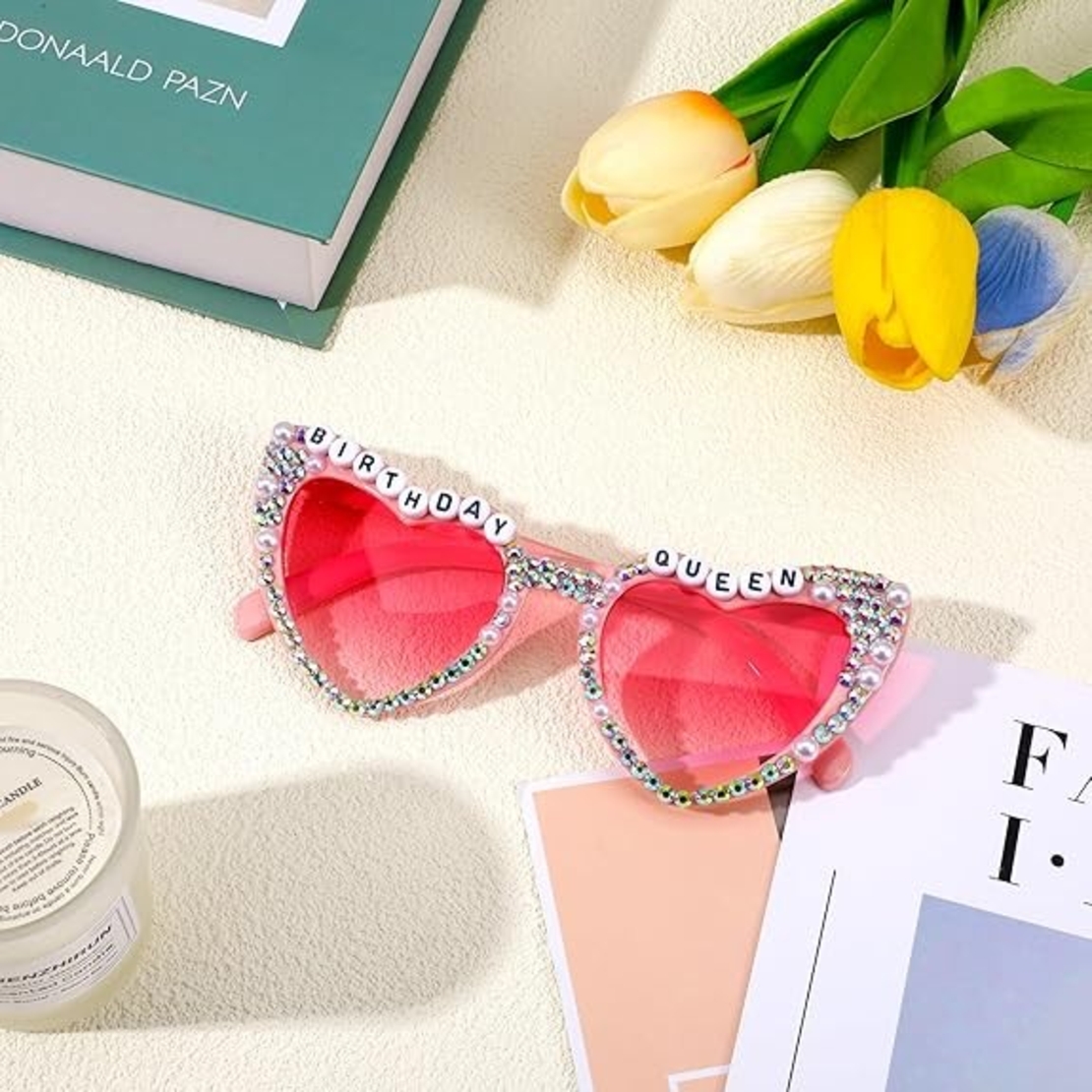 Ochelari Decorativi, Flippy, Model Birthday Queen, cu Diamante, pentru Aniversari, din PC, 15.3 x 5.7 x 14.5 cm, Roz