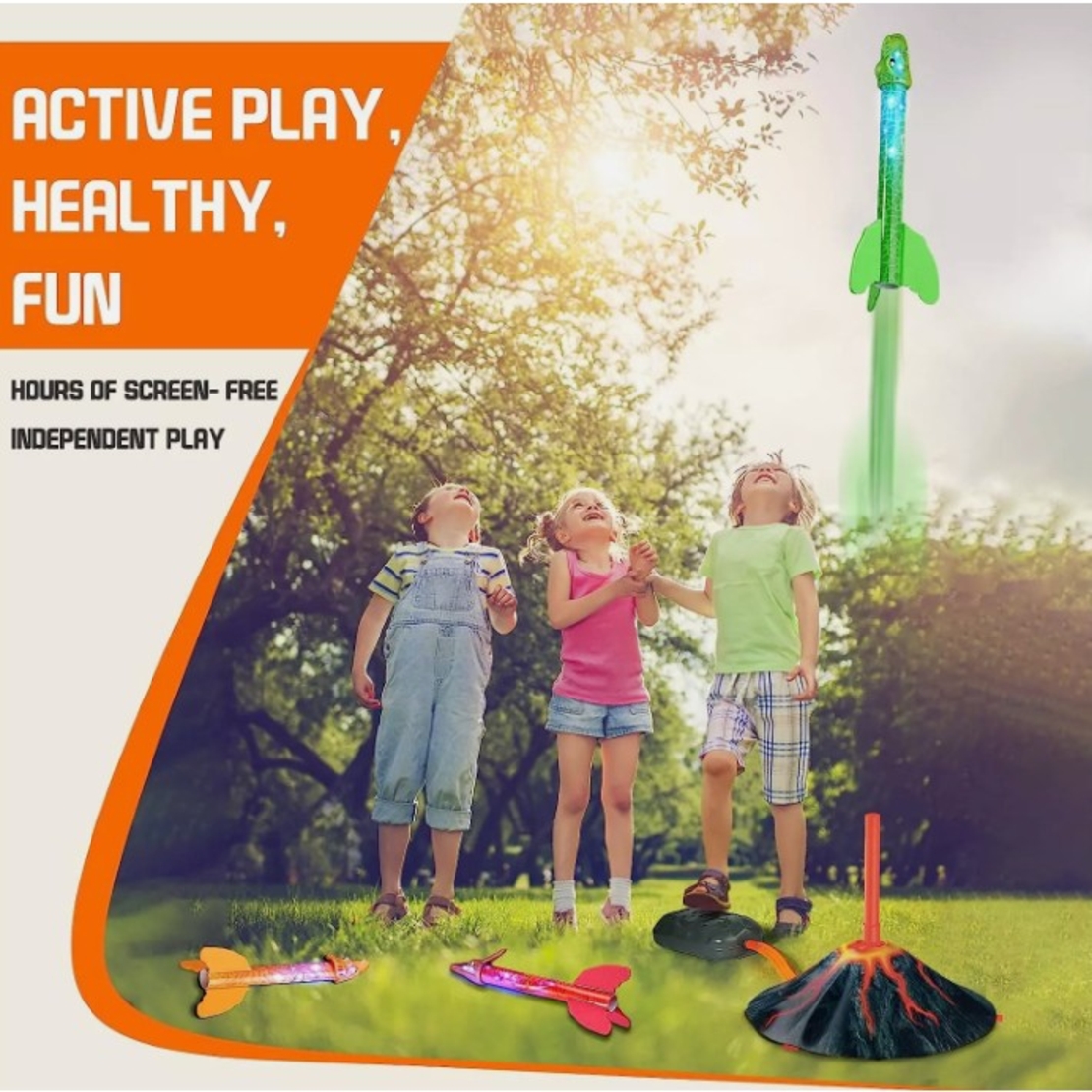 Jucarie pentru Copii, Flippy, Lansator de Rachete cu Piciorul, un Singur Lansator, 3 Rachete Donozauri cu Lumini, 30 cm Inaltime, Model Vulcan, Multicolor