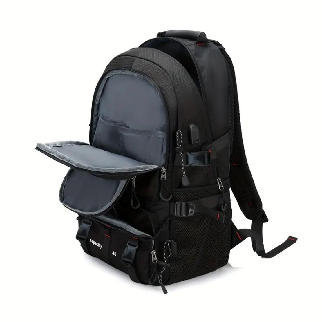 Rucsac Multifunctional de Alpinism, Flippy, Capacitate 36-55 L, de Calatorie, Impermeabil, Slot USB Incarcare Telefon, Bretele Reglabile, 52 x 34 x 19 cm, Negru