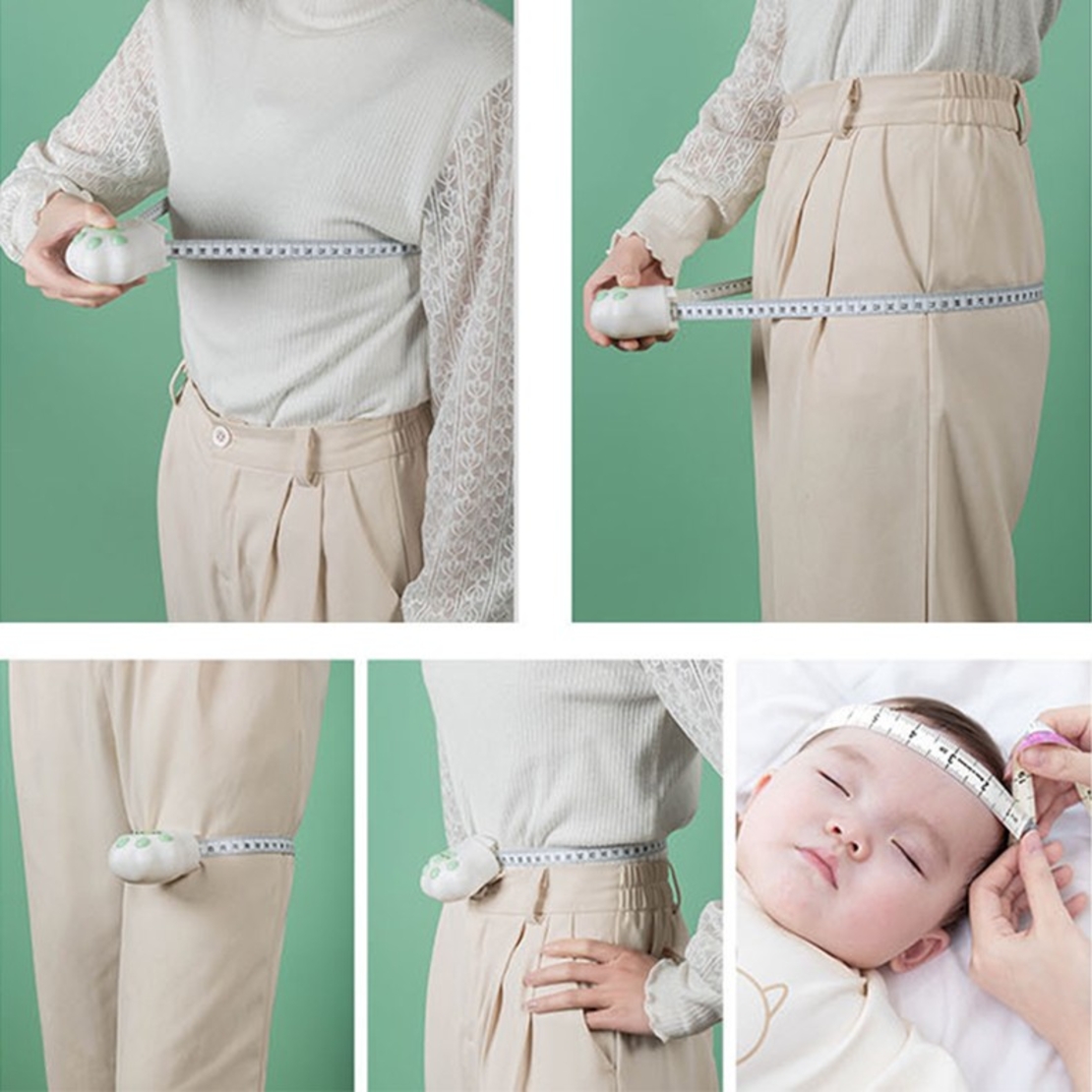 Ruleta Portabila, Flippy, Ruleta mini pentru Copii, Model Labuta de Pisica, cu Prindere, pentru Masurat Diametrul, 5.5 x 6.5 cm, Banda 1.5m, Verde