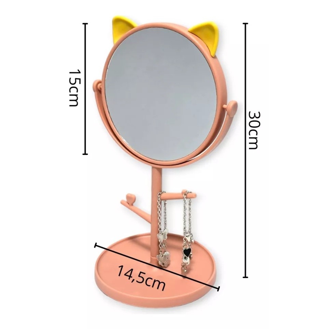 Oglina Cosmetica cu Picior, Flippy, HD, Rotire 360 Grade, 15 cm Diametru, Suport Bijuterii Baza Rotunda + 2 Brate, Model cu Urechi, 31 x 14.5 x 15 cm, din Plastic, Roz/Galben