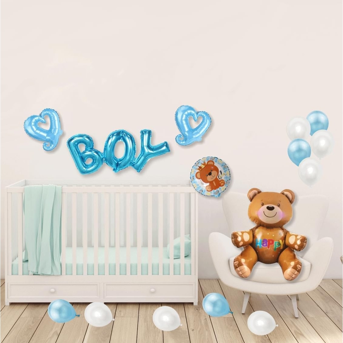 Set 25 Baloane, Flippy, din Latex si Folie de Aluminiu, Model Ursulet/Boy, Diferite Marimi, Albastru