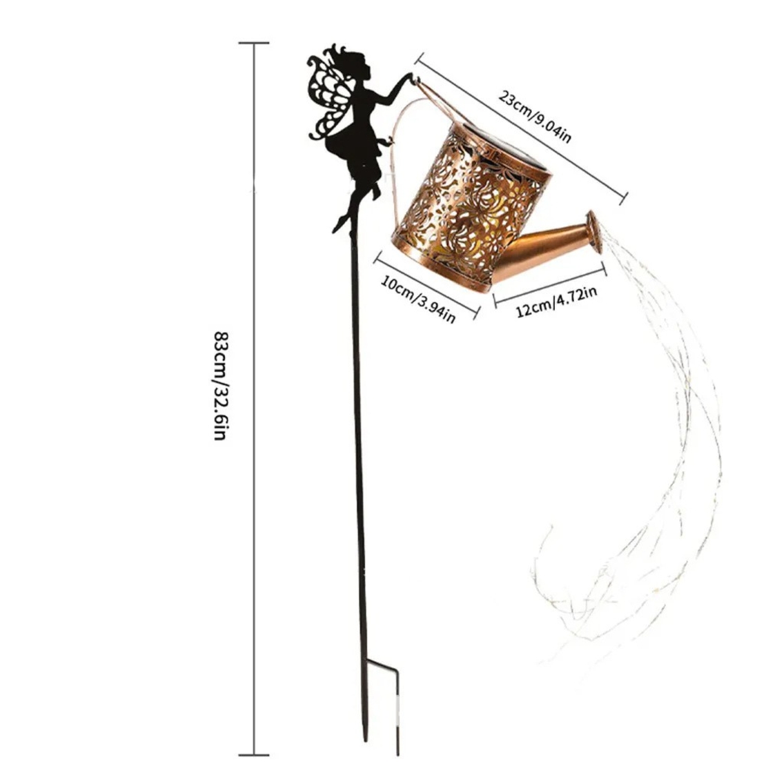 Decor Ornament pentru Gradina, Flippy, Decoratiune pentru Gradina, Model Zana cu Stropitoare, Lumini LED Alb Cald, Inaltime 63 cm, Negru