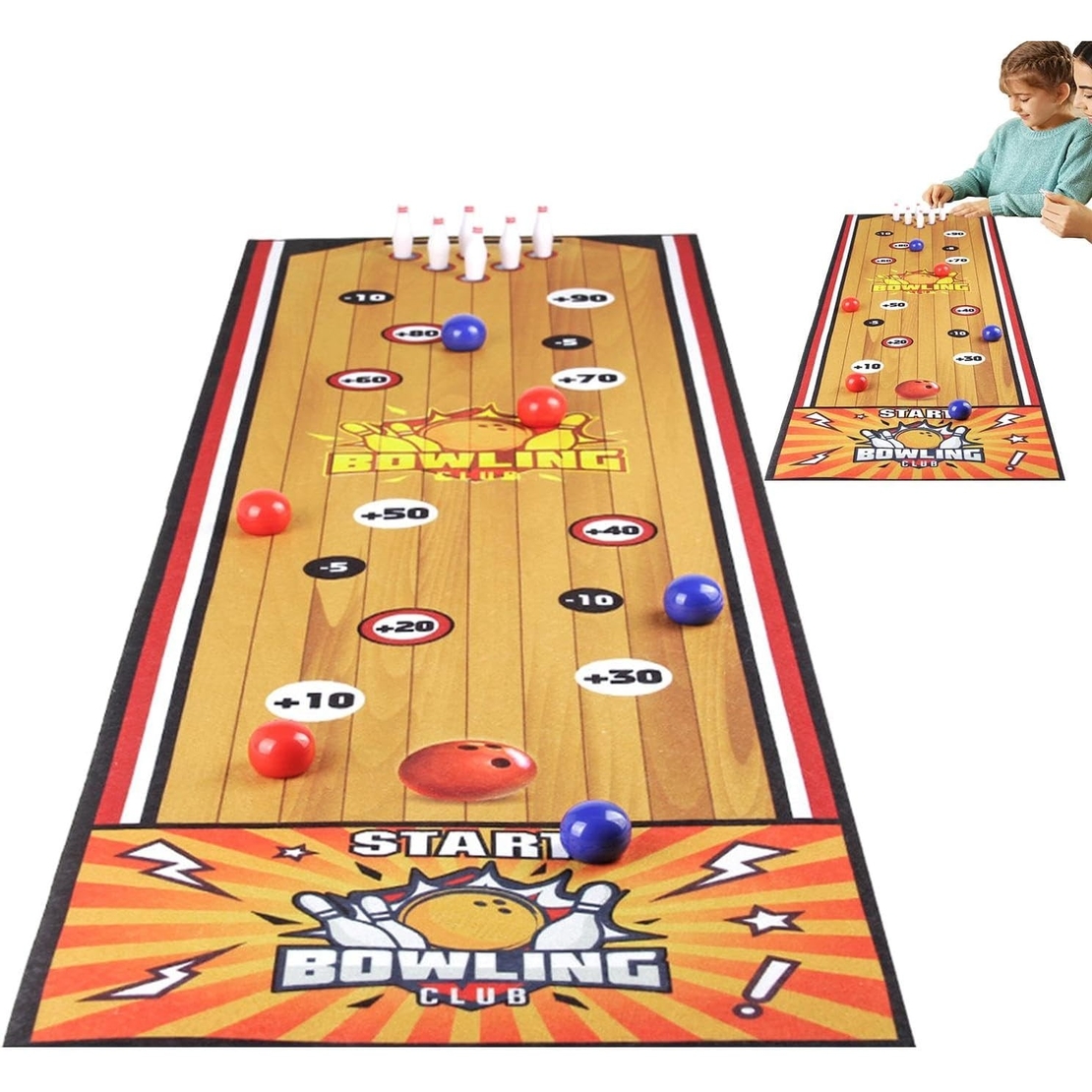 Joc Interactiv, Flippy, Covor de Bowling 90 x 20 cm, 1-4 Jucatori, +5 Ani, 6 Mingi Incluse, 6 Popice, Galben