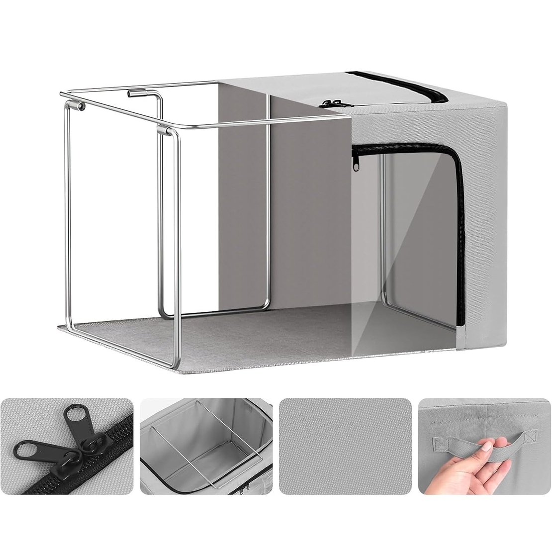 Cutie de Depozitare, Flippy, cu 3 Ferestre cu Fermoar Bidirectional, Cadru din Otel, Impermeabil, 38L, 42 x 30 x 30 cm, Gri