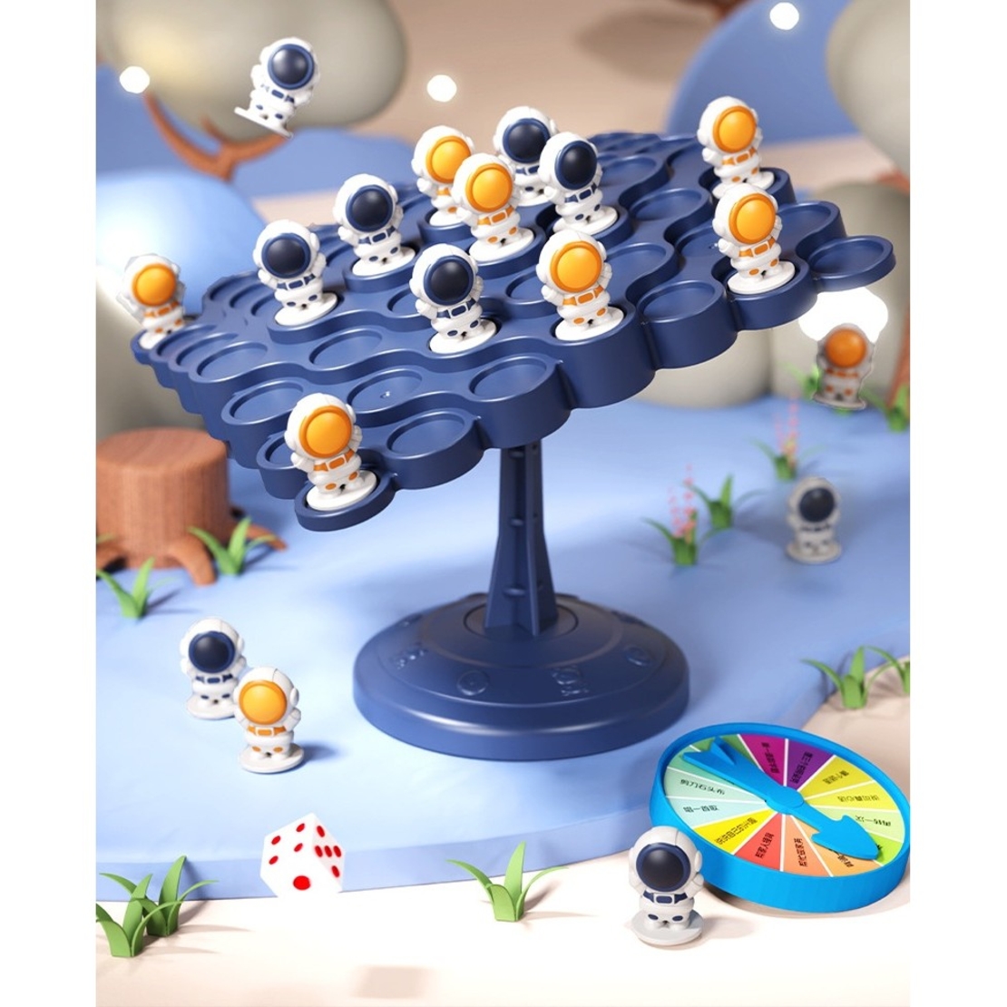 Joc Interactiv, Flippy, Astronauti in Echilibru, +3 Ani, din Plastic, 50 de Pioni, Placa de Echilibru, Roata cu Pedepse, Zar, 14 x 7 x 14 cm, Albastru